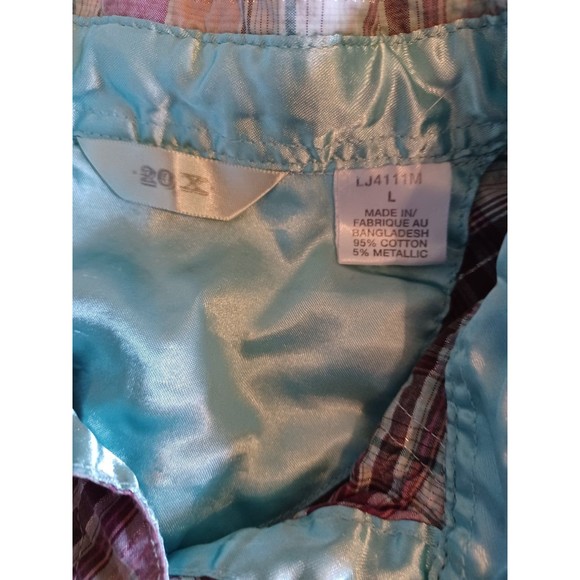 Twenty X Women's  L/S Pearl Snap Pink/Purple Plaid Blouse.  Blue piping. L. - Picture 5 of 9